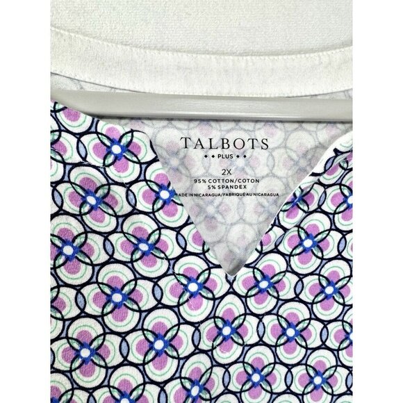 Talbots Notch V-neck T-Shirt Women 2X Purple Blue Floral All Over Short Sleeve - Picture 2 of 7